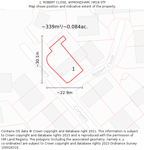 1, ROBERT CLOSE, WYMONDHAM, NR18 0TF: Plot and title map
