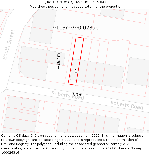 1, ROBERTS ROAD, LANCING, BN15 8AR: Plot and title map