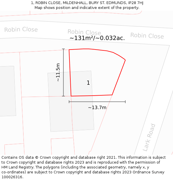 1, ROBIN CLOSE, MILDENHALL, BURY ST. EDMUNDS, IP28 7HJ: Plot and title map