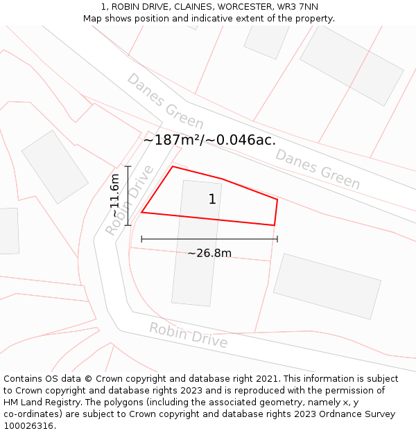 1, ROBIN DRIVE, CLAINES, WORCESTER, WR3 7NN: Plot and title map