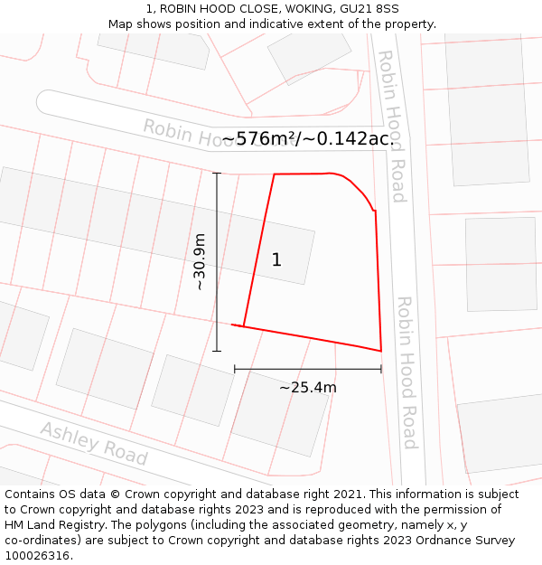 1, ROBIN HOOD CLOSE, WOKING, GU21 8SS: Plot and title map