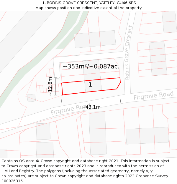 1, ROBINS GROVE CRESCENT, YATELEY, GU46 6PS: Plot and title map