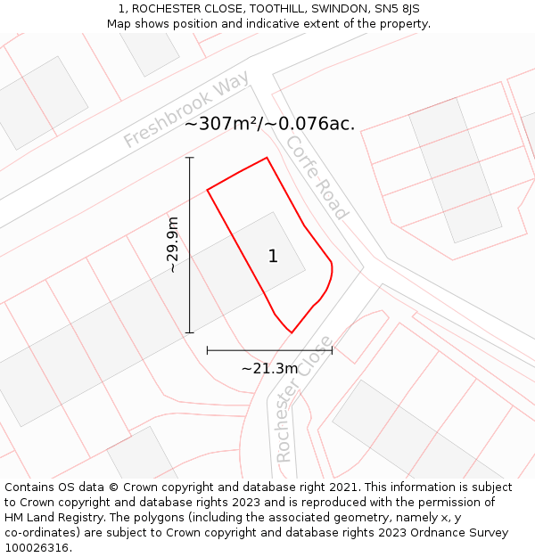 1, ROCHESTER CLOSE, TOOTHILL, SWINDON, SN5 8JS: Plot and title map
