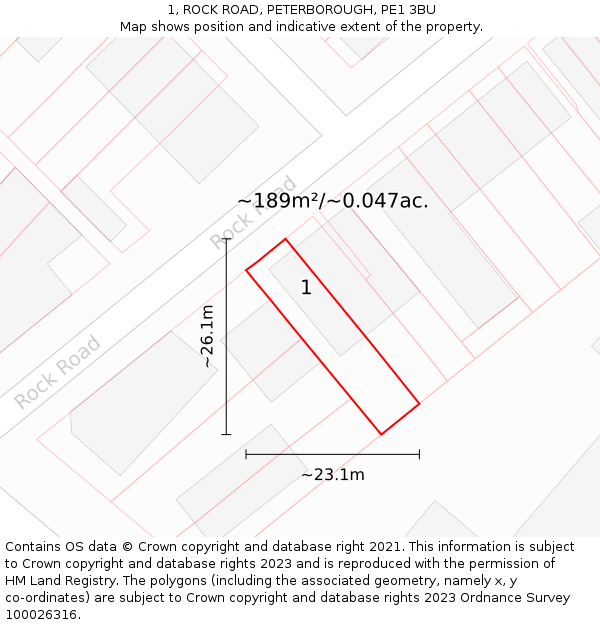 1, ROCK ROAD, PETERBOROUGH, PE1 3BU: Plot and title map