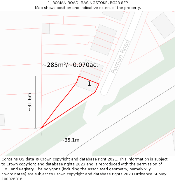 1, ROMAN ROAD, BASINGSTOKE, RG23 8EP: Plot and title map
