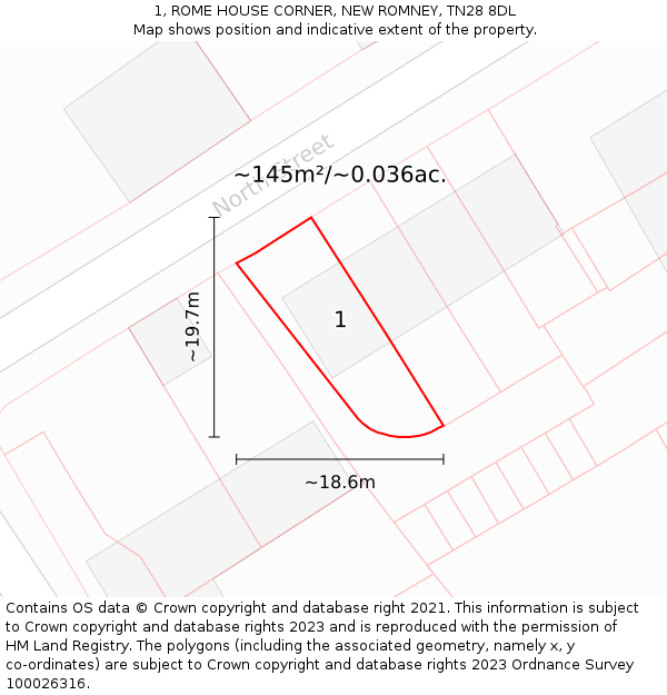1, ROME HOUSE CORNER, NEW ROMNEY, TN28 8DL: Plot and title map