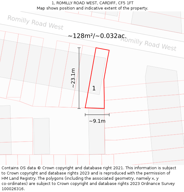 1, ROMILLY ROAD WEST, CARDIFF, CF5 1FT: Plot and title map