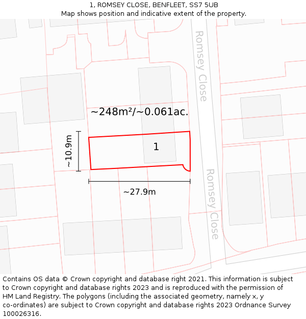 1, ROMSEY CLOSE, BENFLEET, SS7 5UB: Plot and title map