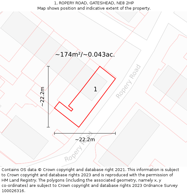 1, ROPERY ROAD, GATESHEAD, NE8 2HP: Plot and title map