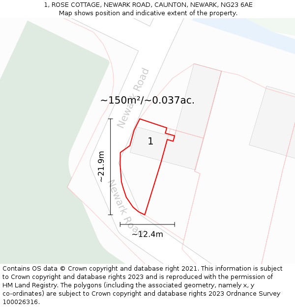 1, ROSE COTTAGE, NEWARK ROAD, CAUNTON, NEWARK, NG23 6AE: Plot and title map