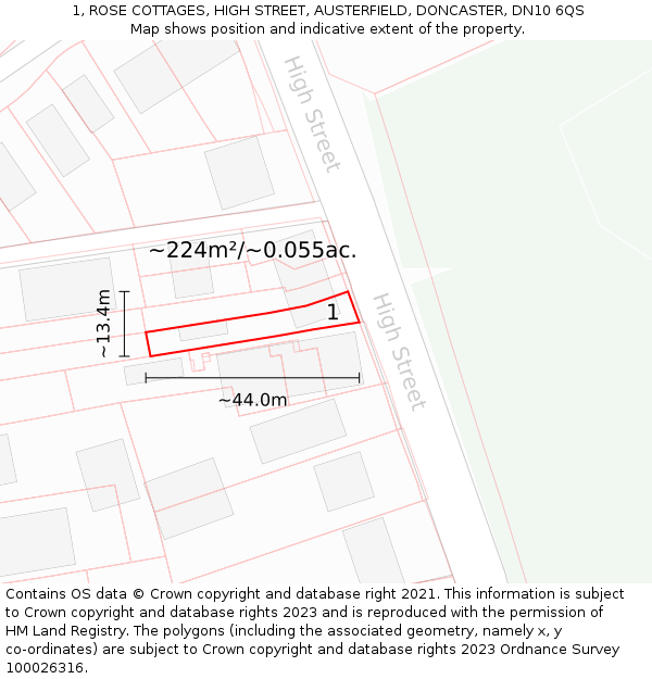 1, ROSE COTTAGES, HIGH STREET, AUSTERFIELD, DONCASTER, DN10 6QS: Plot and title map
