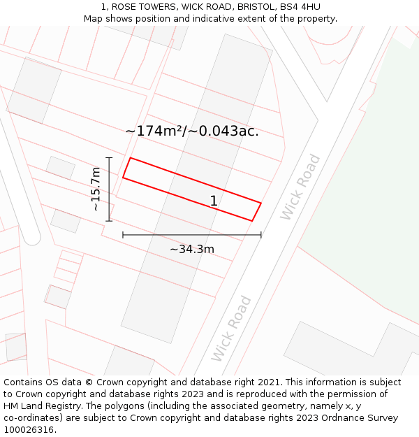1, ROSE TOWERS, WICK ROAD, BRISTOL, BS4 4HU: Plot and title map