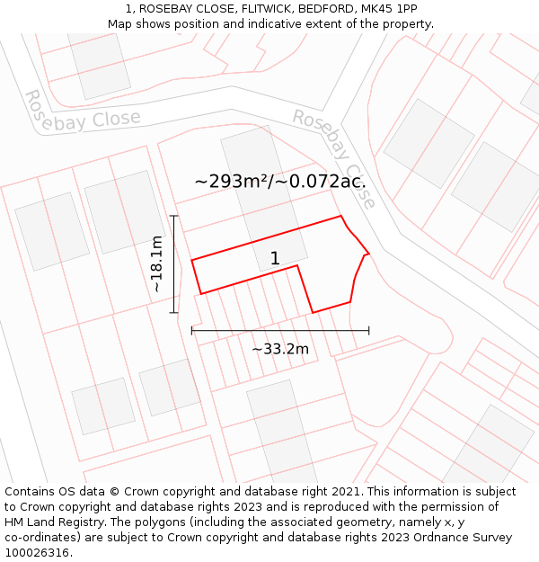 1, ROSEBAY CLOSE, FLITWICK, BEDFORD, MK45 1PP: Plot and title map