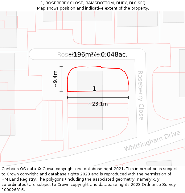 1, ROSEBERRY CLOSE, RAMSBOTTOM, BURY, BL0 9FQ: Plot and title map
