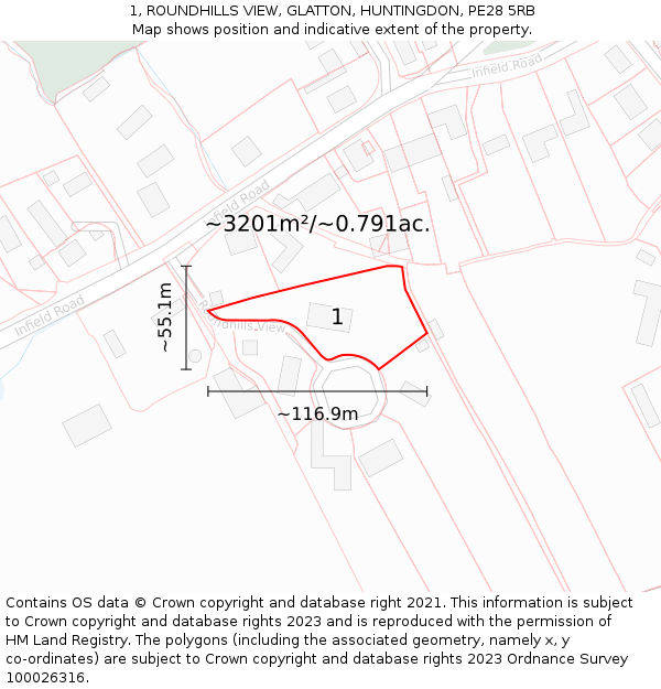 1, ROUNDHILLS VIEW, GLATTON, HUNTINGDON, PE28 5RB: Plot and title map