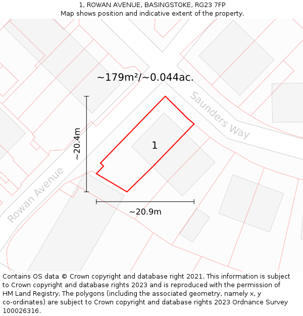 1, ROWAN AVENUE, BASINGSTOKE, RG23 7FP: Plot and title map