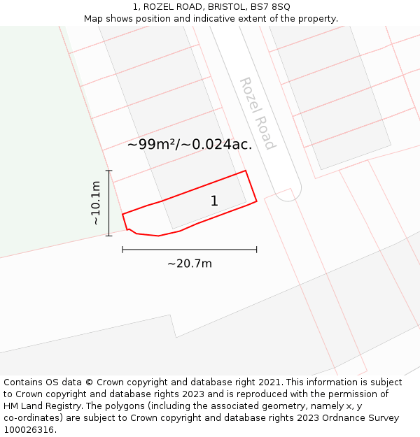 1, ROZEL ROAD, BRISTOL, BS7 8SQ: Plot and title map