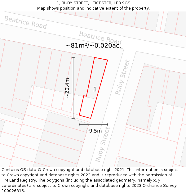 1, RUBY STREET, LEICESTER, LE3 9GS: Plot and title map