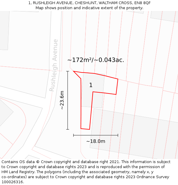 1, RUSHLEIGH AVENUE, CHESHUNT, WALTHAM CROSS, EN8 8QF: Plot and title map