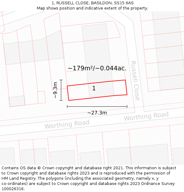 1, RUSSELL CLOSE, BASILDON, SS15 6AS: Plot and title map