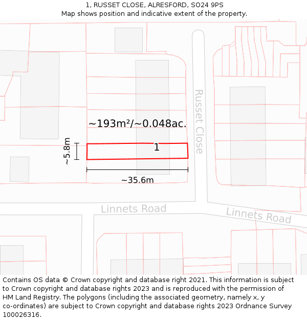 1, RUSSET CLOSE, ALRESFORD, SO24 9PS: Plot and title map