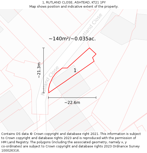 1, RUTLAND CLOSE, ASHTEAD, KT21 1PY: Plot and title map
