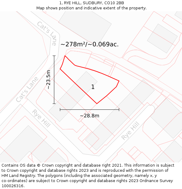 1, RYE HILL, SUDBURY, CO10 2BB: Plot and title map