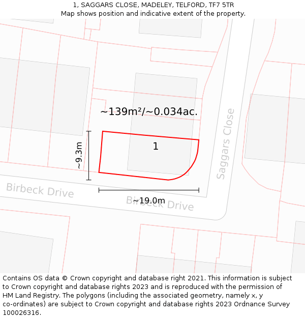 1, SAGGARS CLOSE, MADELEY, TELFORD, TF7 5TR: Plot and title map