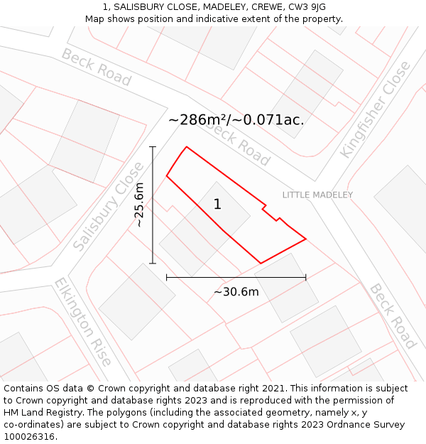 1, SALISBURY CLOSE, MADELEY, CREWE, CW3 9JG: Plot and title map