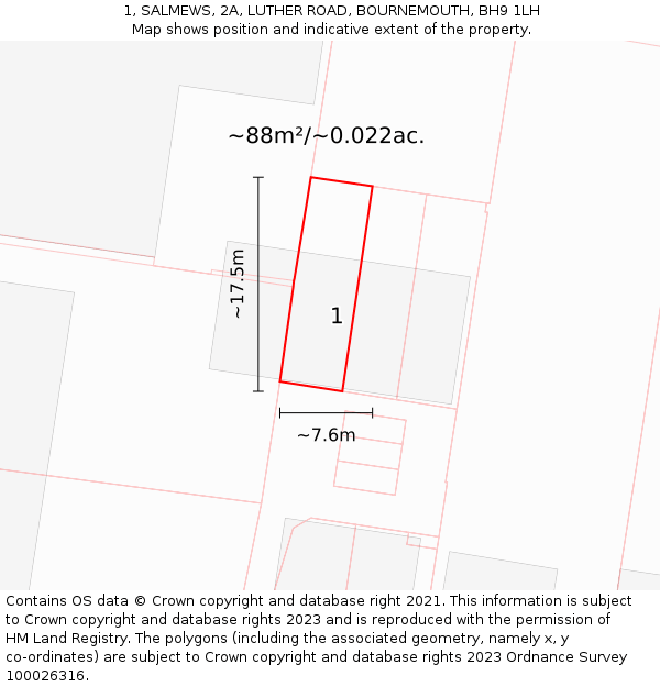1, SALMEWS, 2A, LUTHER ROAD, BOURNEMOUTH, BH9 1LH: Plot and title map