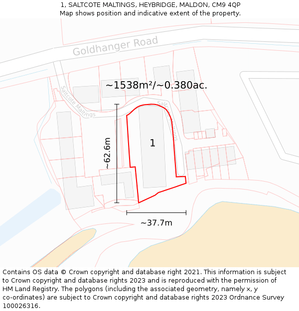 1, SALTCOTE MALTINGS, HEYBRIDGE, MALDON, CM9 4QP: Plot and title map