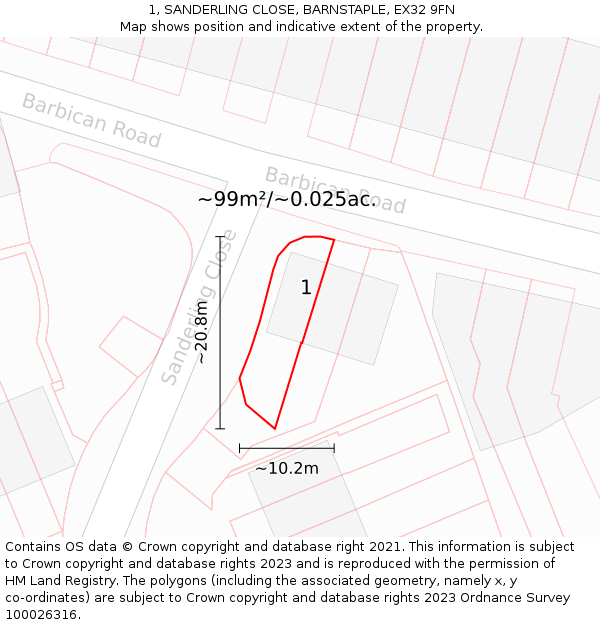 1, SANDERLING CLOSE, BARNSTAPLE, EX32 9FN: Plot and title map