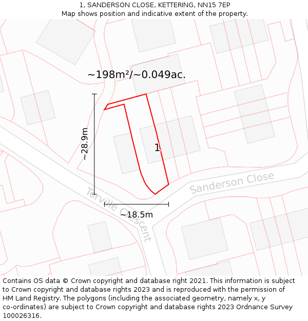 1, SANDERSON CLOSE, KETTERING, NN15 7EP: Plot and title map