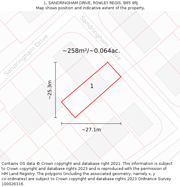 1, SANDRINGHAM DRIVE, ROWLEY REGIS, B65 9RJ: Plot and title map