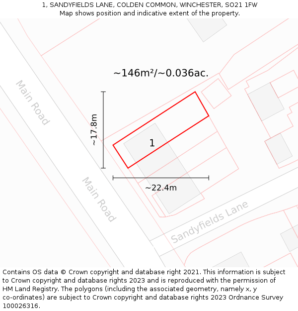 1, SANDYFIELDS LANE, COLDEN COMMON, WINCHESTER, SO21 1FW: Plot and title map