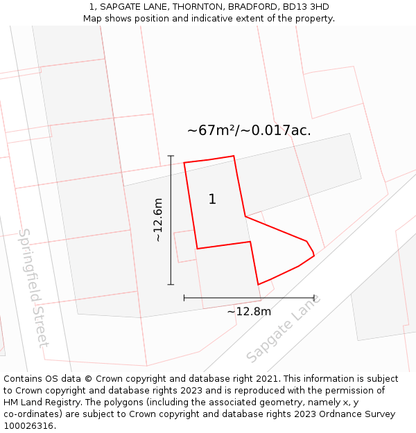 1, SAPGATE LANE, THORNTON, BRADFORD, BD13 3HD: Plot and title map