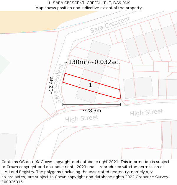 1, SARA CRESCENT, GREENHITHE, DA9 9NY: Plot and title map