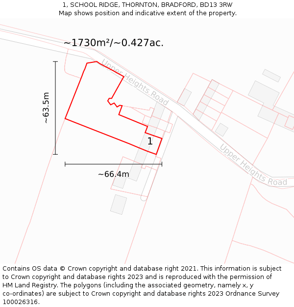1, SCHOOL RIDGE, THORNTON, BRADFORD, BD13 3RW: Plot and title map