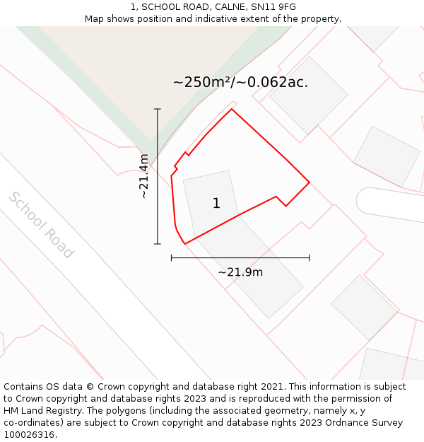 1, SCHOOL ROAD, CALNE, SN11 9FG: Plot and title map