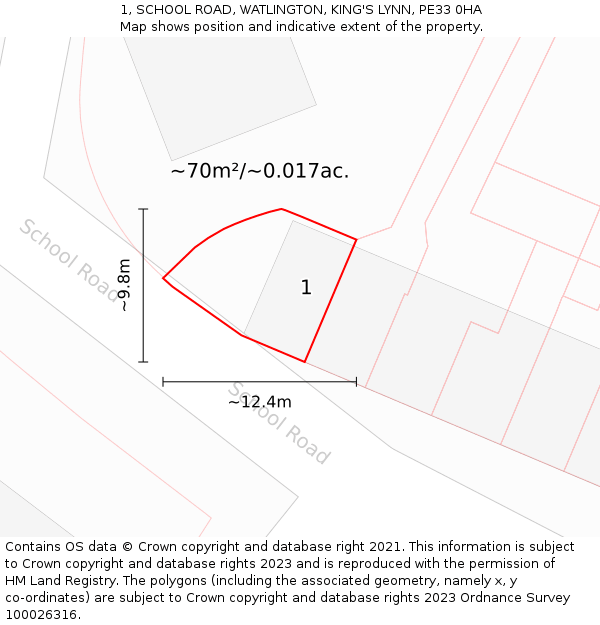 1, SCHOOL ROAD, WATLINGTON, KING'S LYNN, PE33 0HA: Plot and title map