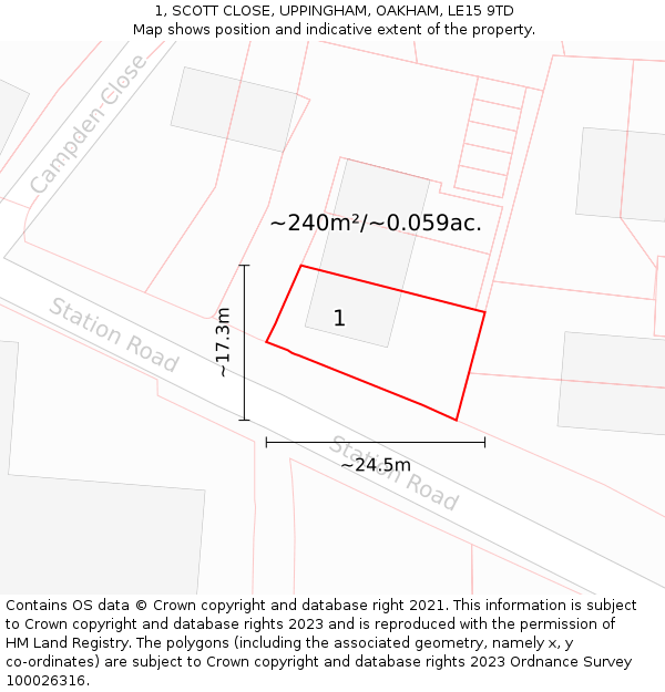 1, SCOTT CLOSE, UPPINGHAM, OAKHAM, LE15 9TD: Plot and title map