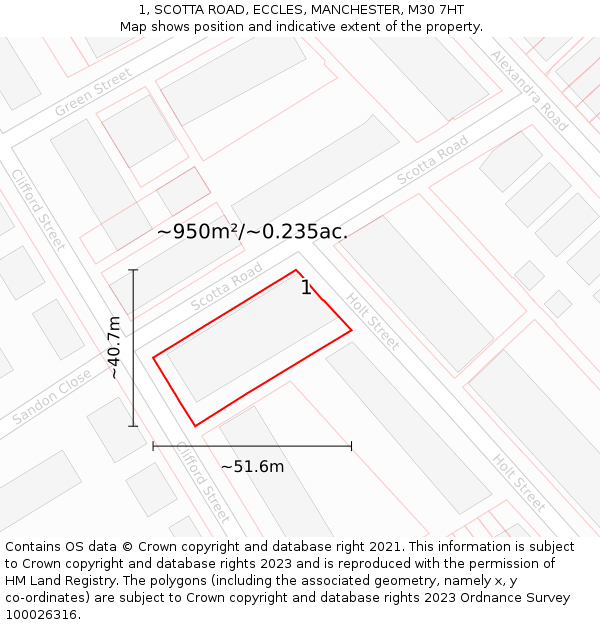 1, SCOTTA ROAD, ECCLES, MANCHESTER, M30 7HT: Plot and title map