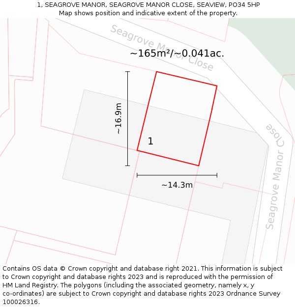 1, SEAGROVE MANOR, SEAGROVE MANOR CLOSE, SEAVIEW, PO34 5HP: Plot and title map