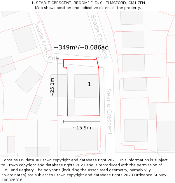 1, SEARLE CRESCENT, BROOMFIELD, CHELMSFORD, CM1 7FN: Plot and title map