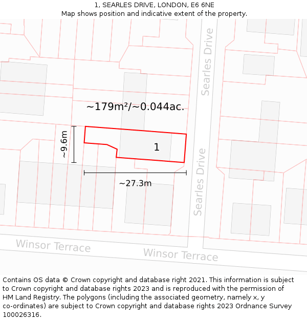 1, SEARLES DRIVE, LONDON, E6 6NE: Plot and title map