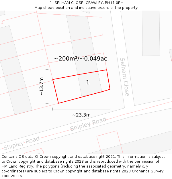 1, SELHAM CLOSE, CRAWLEY, RH11 0EH: Plot and title map