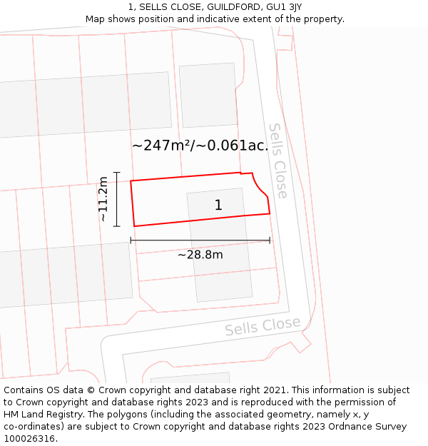 1, SELLS CLOSE, GUILDFORD, GU1 3JY: Plot and title map