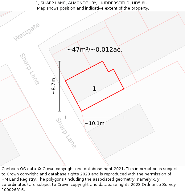 1, SHARP LANE, ALMONDBURY, HUDDERSFIELD, HD5 8UH: Plot and title map