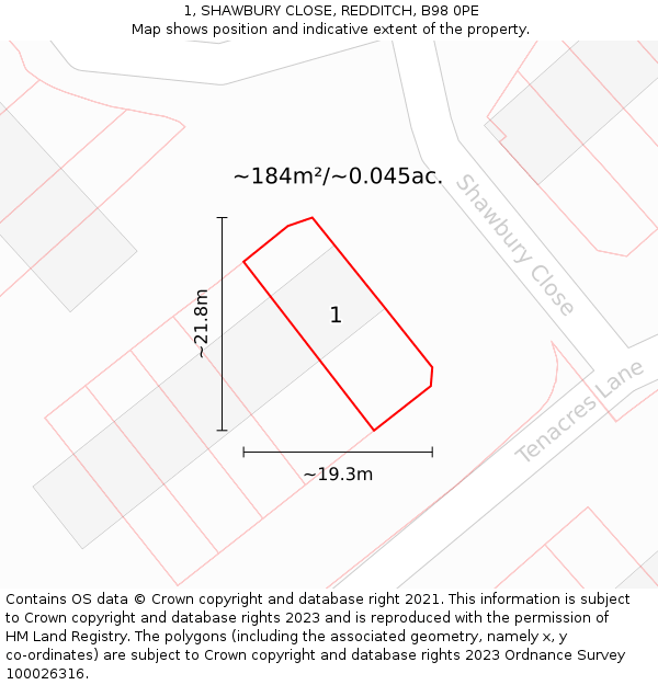 1, SHAWBURY CLOSE, REDDITCH, B98 0PE: Plot and title map