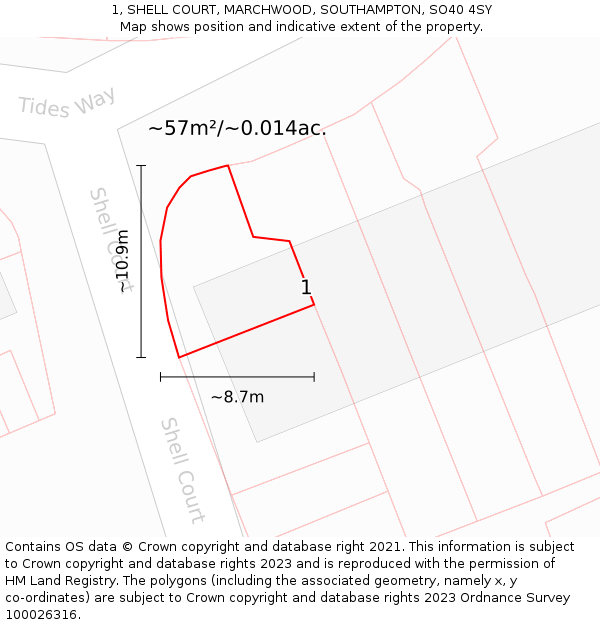 1, SHELL COURT, MARCHWOOD, SOUTHAMPTON, SO40 4SY: Plot and title map
